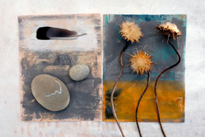 Piece of Art with a Feather, Rocks and Flowers