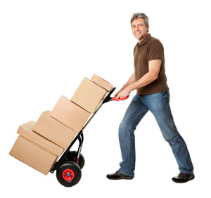 Guy pushing moving dolly cart from moving supply store